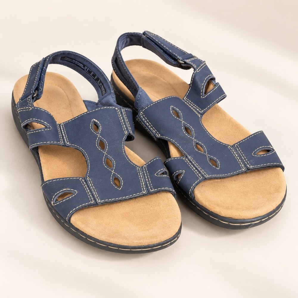 Clarks Collection Cushion Soft Navy Blue Leather Slingback Sandals Womens 9.5 M